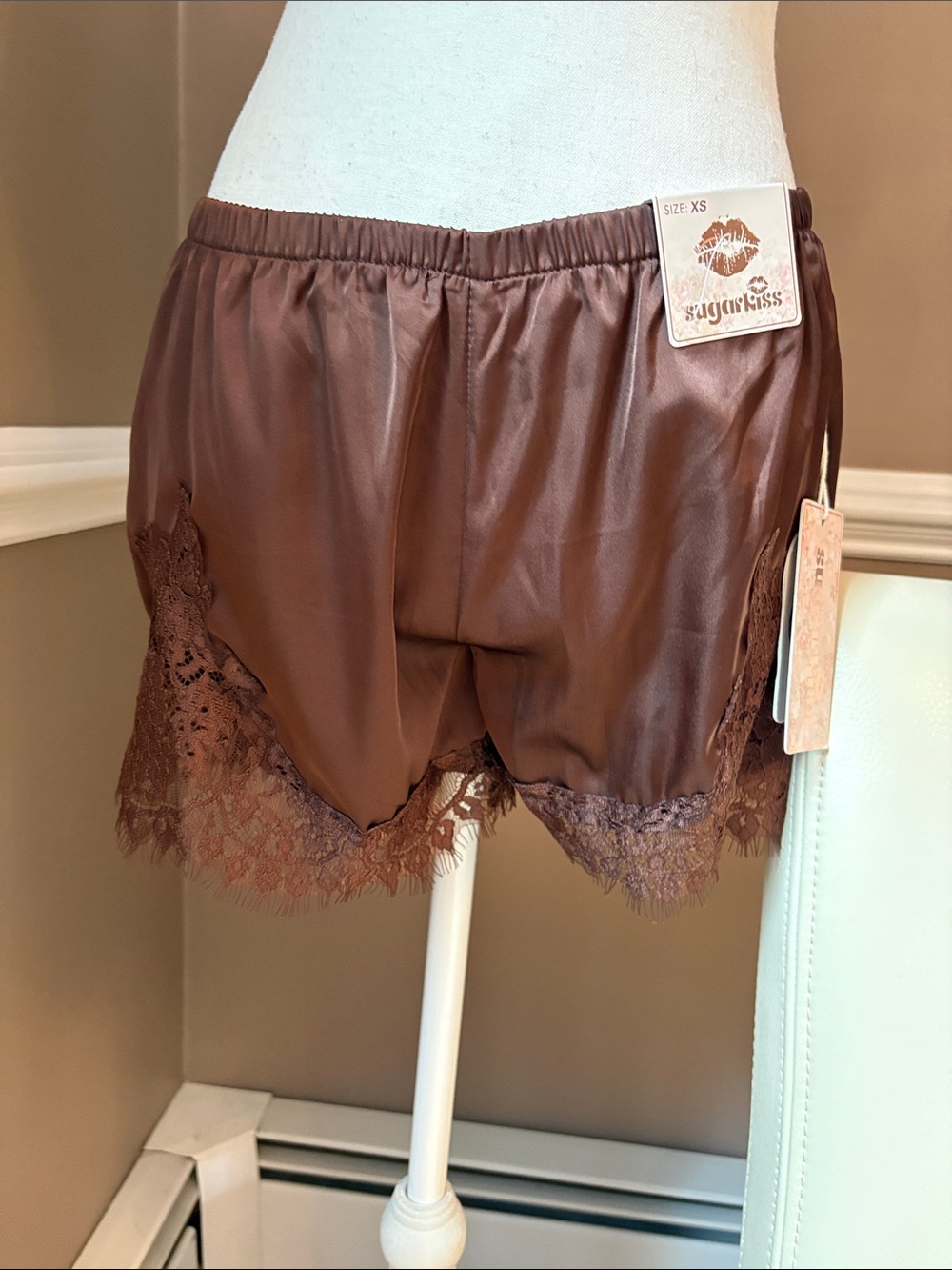 Sugarlips Brown Satin Lace Lounge Shorts